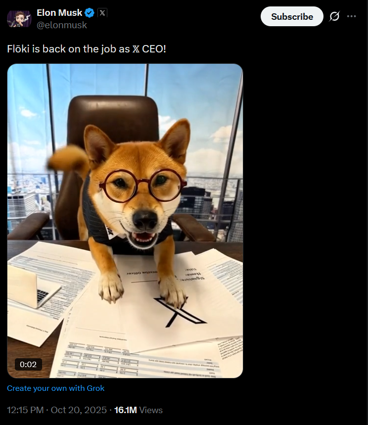 Elon Musk tweet — Floki is back on the job as X CEO!
